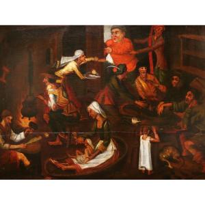 École FLAMANDE fin 18ème, d'après Pieter BRUEGEL I et Pieter VAN DER HEYDEN, La Cuisine maigre