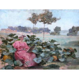 French School Circa 1900, Female Artist Drawing In A Squash Patch