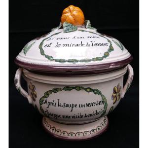 Polychrome Earthenware Soup Tureen From Malicorne, Workshop Of Béatrix Pouplard