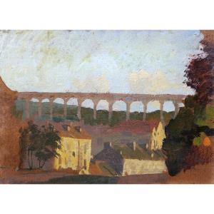 École FRANÇAISE circa 1930, Paysage à Dinan avec le Viaduc de Lanvallay