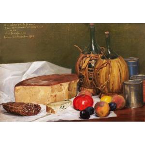 Josef Klemens KAUFMANN, Nature morte aux fruits et légumes, fromage, boîtes, vins et saucisson