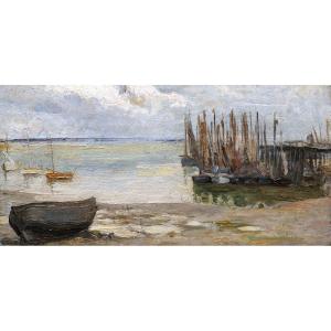 Attribué à Jean-Baptiste Jules TRAYER, Bateaux de pêche au mouillage, Bretagne