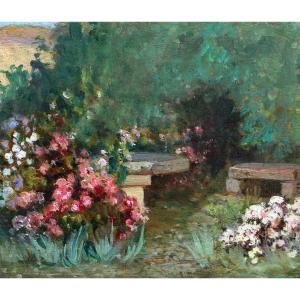 19th Century French School, Stone Table And Bench In A Flowery Garden