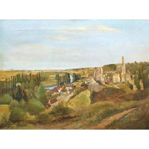 French School, Late 19th Century, Village And Ruins On The Hillsides Of A River