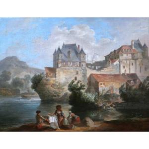 18th Century French School, Live Landscape In Front Of A Fortified Town Next To A River