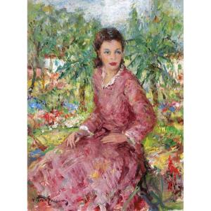 Vittorio GUSSONI, Femme en robe rose au jardin