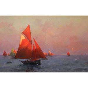 Louis-Adolphe TESSIER, Le départ des pêcheurs à l'aube, Bretagne (GRAND FORMAT)