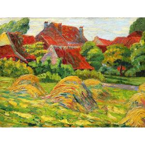 French Fauvist School Circa 1910, Countryside Corner With Red Roofs And Haystacks