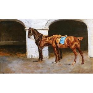 19th Century French School, Two Horses In The Stable