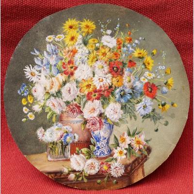 French School Circa 1900, Still Life With Flowers On A Ledger