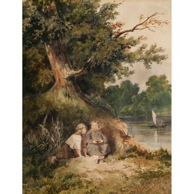 École FRANÇAISE romantique, circa 1830 - 1840, Deux enfants au bord d'une rivière