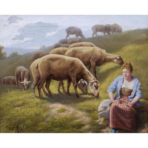 Arsène-symphorien Sauvage, Shepherdess And Sheep