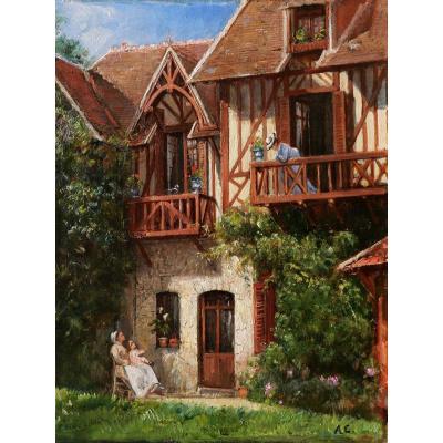 École FRANÇAISE fin XIXème siècle, Femme, nourrice et enfant devant une maison normande