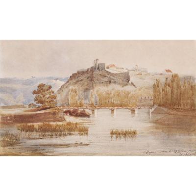 French School In 1843, Landscape With A Fortified Village Overlooking A River