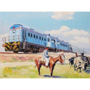 Yves DELFO,  Le train de la General San Martín et deux gauchos dans la campagne argentine