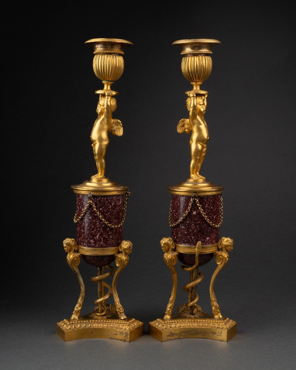 Pair Of "putti" Candlesticks On Porphyry Base, Louis XVI Period, Late 18th Century-photo-2