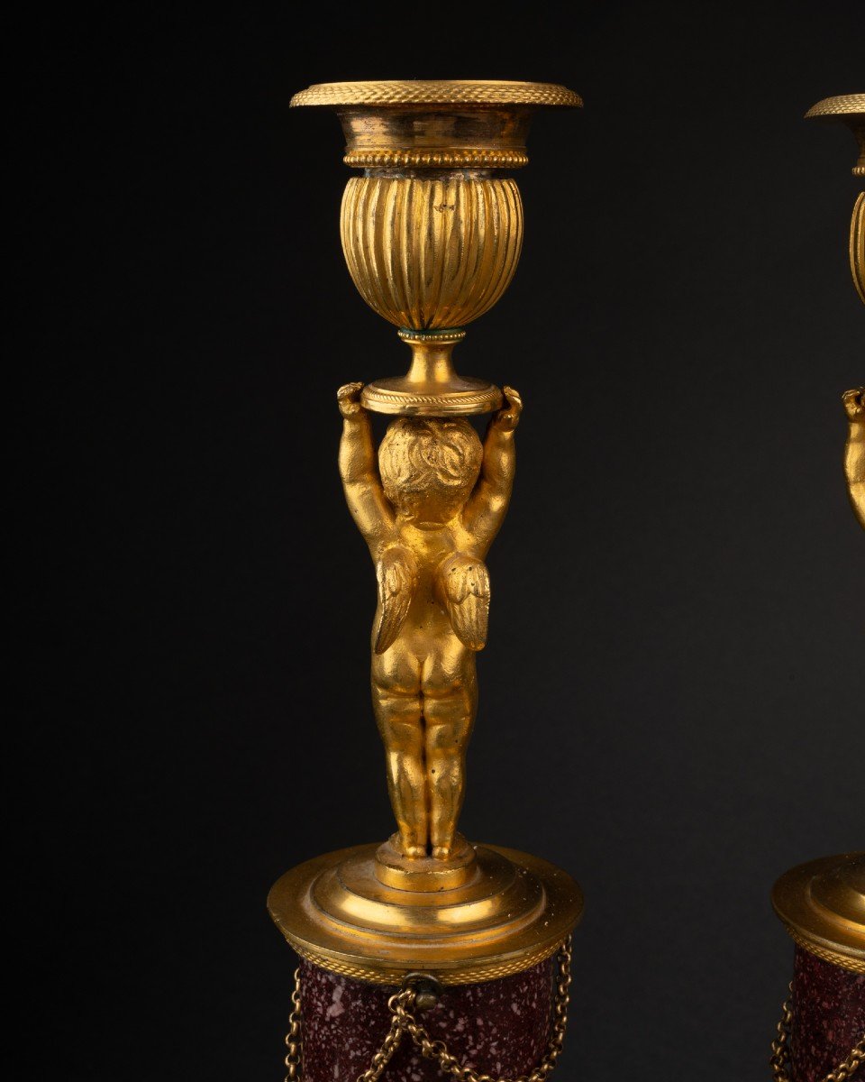 Pair Of "putti" Candlesticks On Porphyry Base, Louis XVI Period, Late 18th Century-photo-3