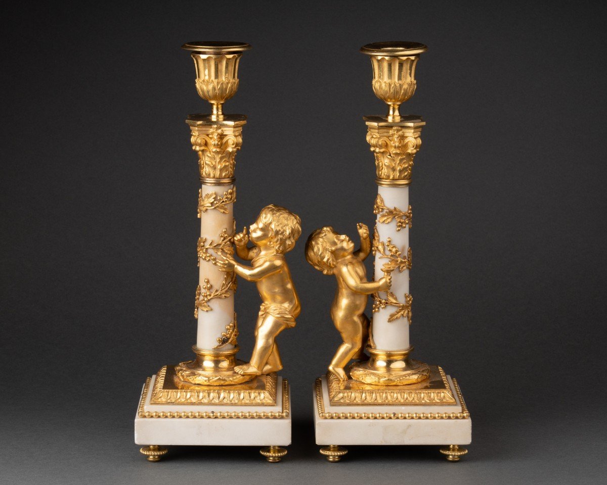 Pair Of White Marble Candlesticks Louis XVI Period Late 18th Century-photo-2