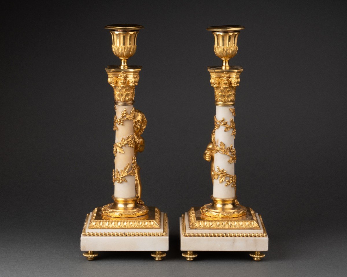 Pair Of White Marble Candlesticks Louis XVI Period Late 18th Century-photo-3