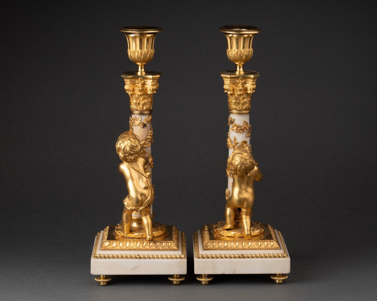 Pair Of White Marble Candlesticks Louis XVI Period Late 18th Century-photo-4