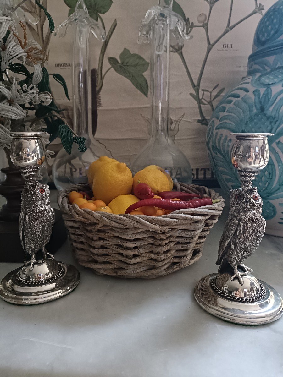 Pair Of Animal Candlesticks In Silver Bronze-photo-3