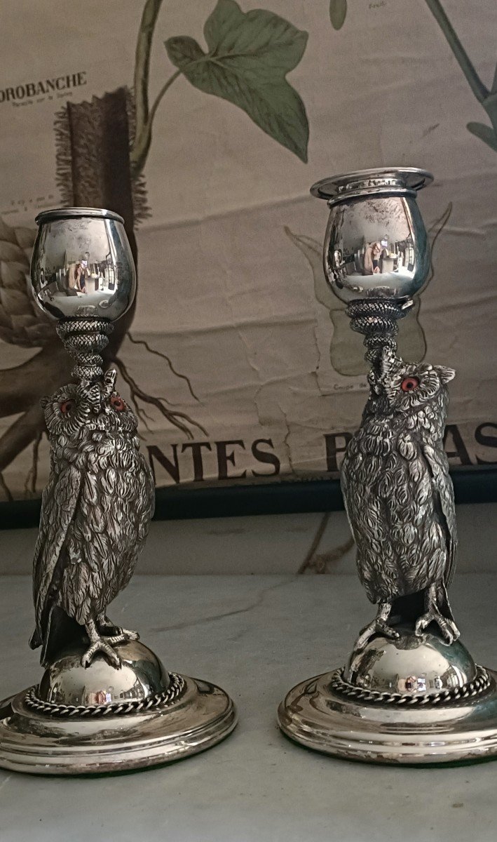 Pair Of Animal Candlesticks In Silver Bronze