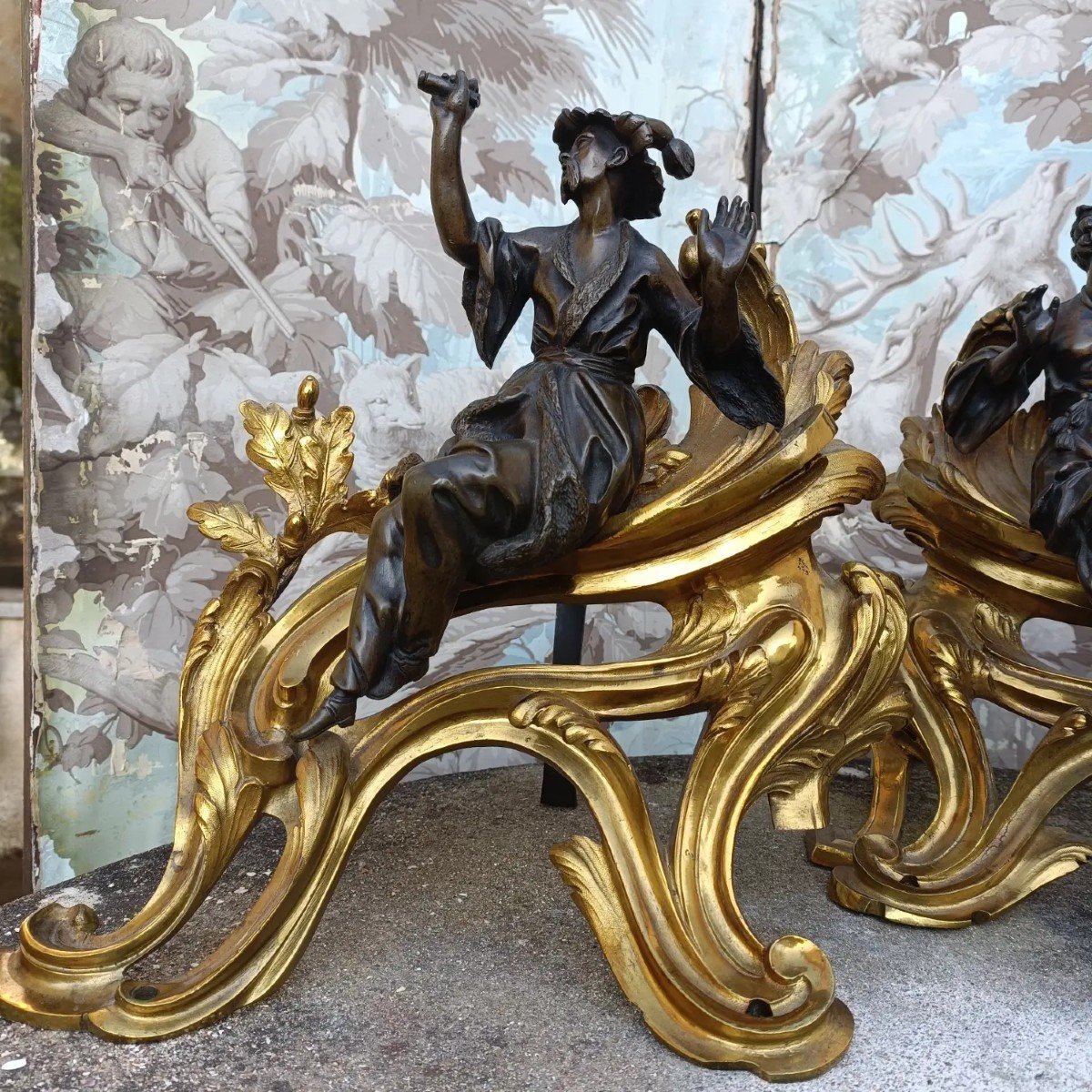 Beautiful Rocaille Style Andirons In Bronze With Two Patinas -photo-2