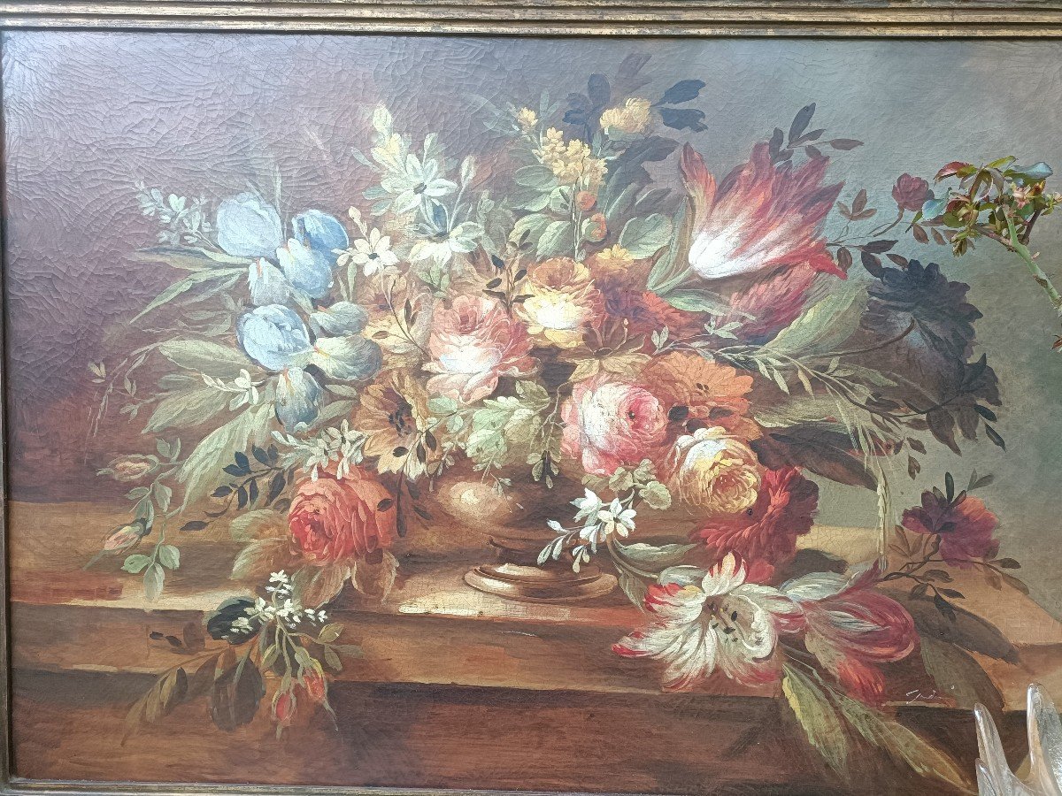 Grand Bouquet De Fleurs XIX Em Sur Toile Ds Son Cadre-photo-2