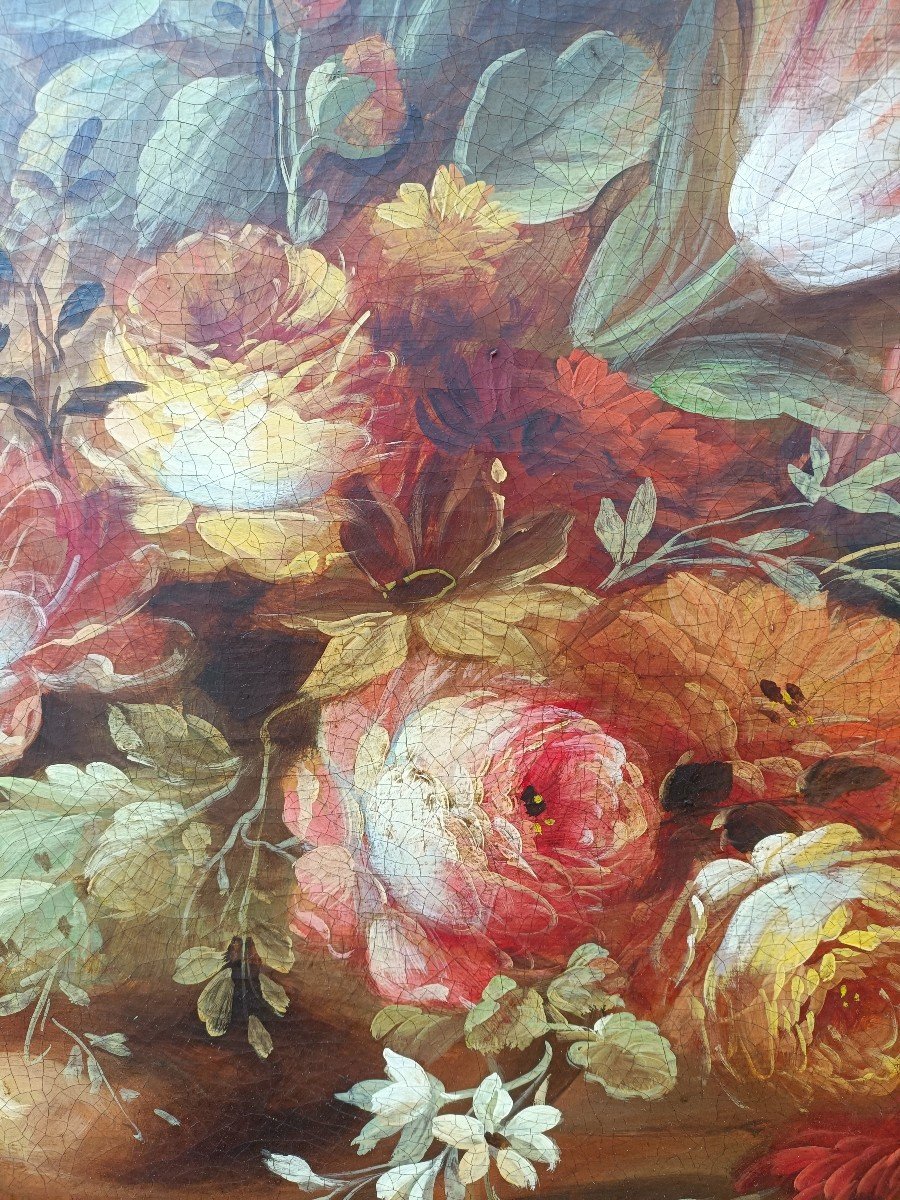 Grand Bouquet De Fleurs XIX Em Sur Toile Ds Son Cadre-photo-4