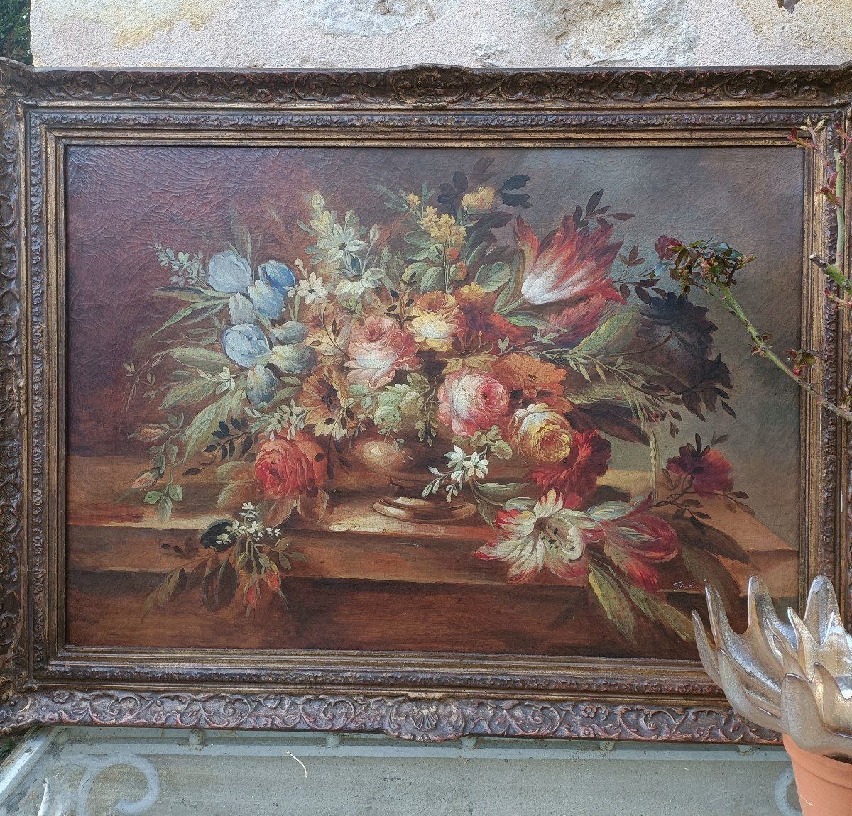 Grand Bouquet De Fleurs XIX Em Sur Toile Ds Son Cadre