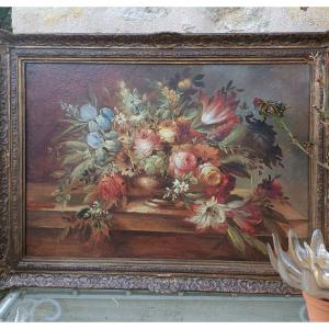 Grand Bouquet De Fleurs XIX Em Sur Toile Ds Son Cadre