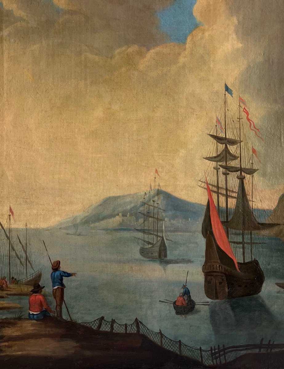 “galleons In The Bay” Ec. Dutch 18th-photo-3