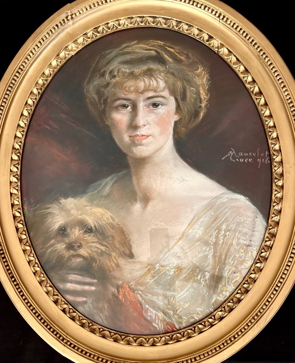 "Portrait de femme et son chien" Ec. Française Début 20ème-photo-2