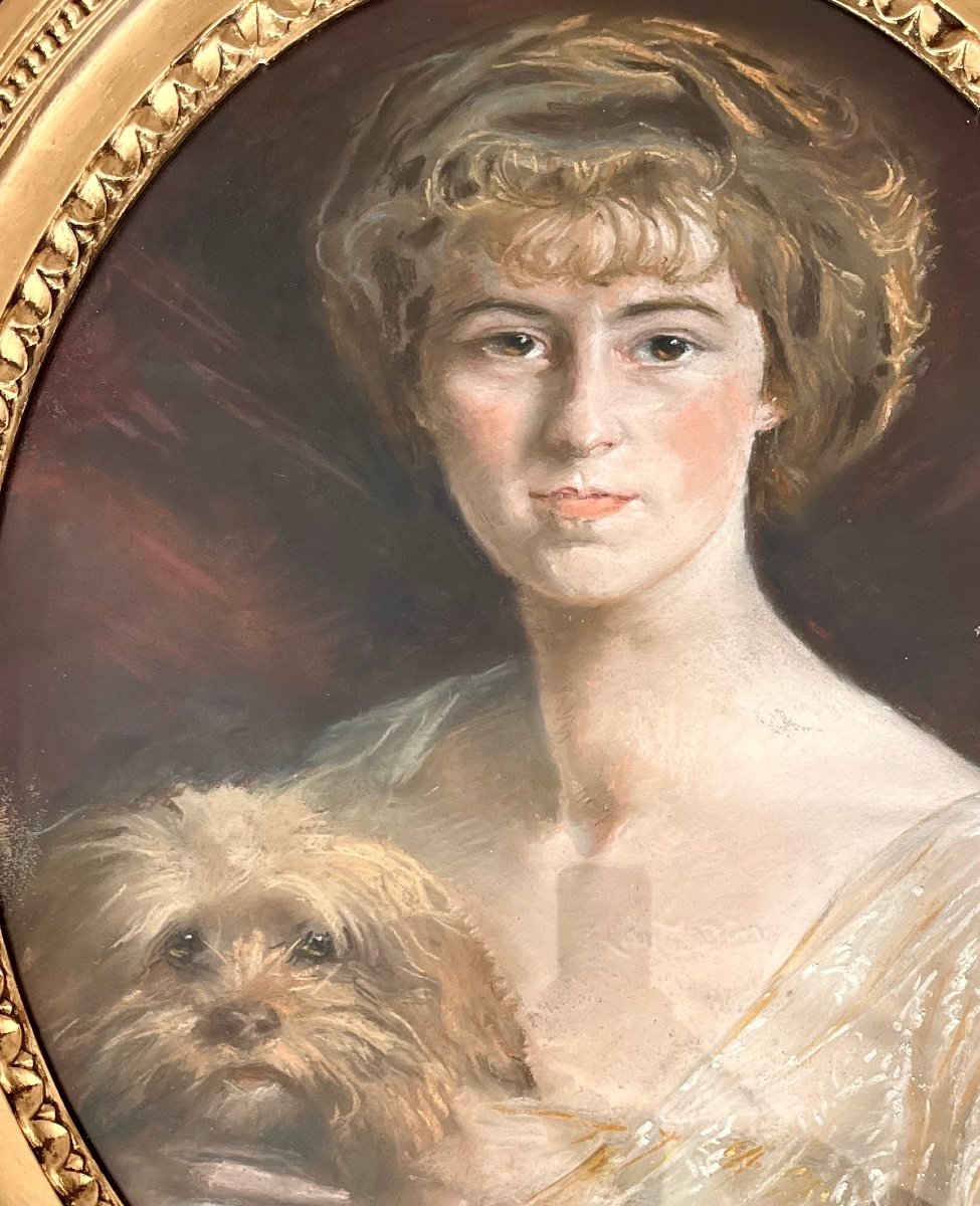 "Portrait de femme et son chien" Ec. Française Début 20ème-photo-3