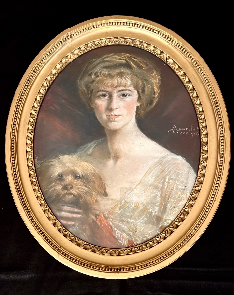 "Portrait de femme et son chien" Ec. Française Début 20ème