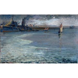 "military Ship In Port" French School Signed