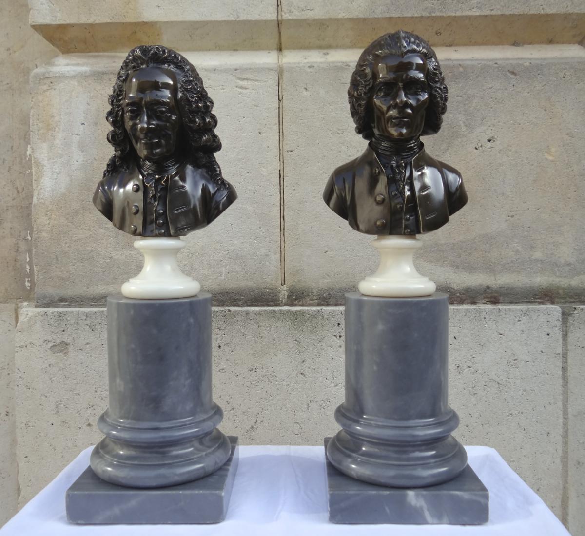 Pair Of Bronze Busts: Voltaire And Rousseau