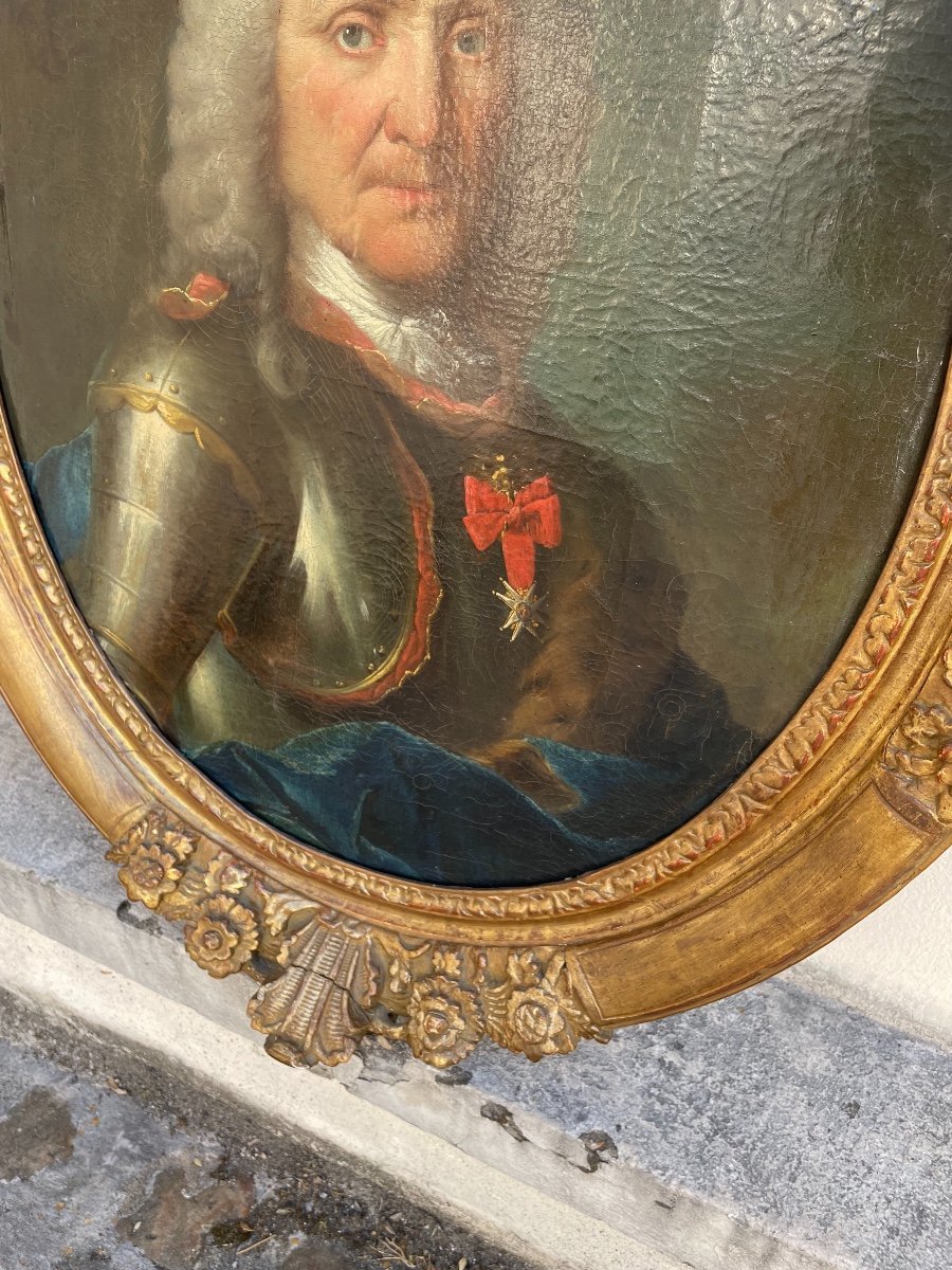 Tableau. Huile Sur Toile 18e. Portrait d'Homme En Cuirasse-photo-3