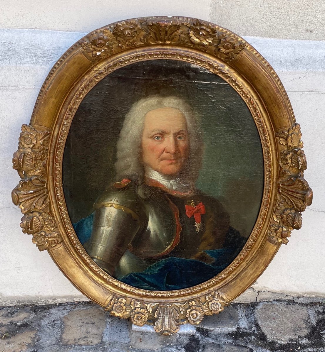 Tableau. Huile Sur Toile 18e. Portrait d'Homme En Cuirasse