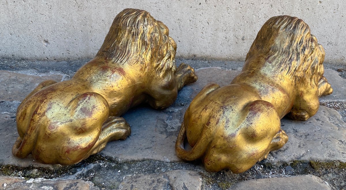 Sculptures. Paire De Lions En Bois Sculpté Et Doré-photo-1