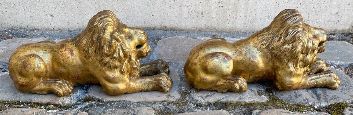 Sculptures. Pair Of Lions In Carved And Gilded Wood-photo-4