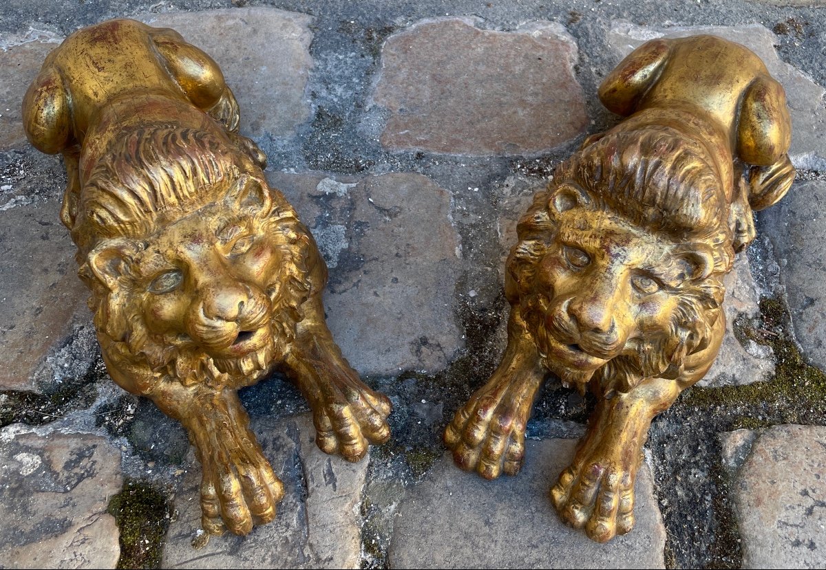 Sculptures. Pair Of Lions In Carved And Gilded Wood-photo-5