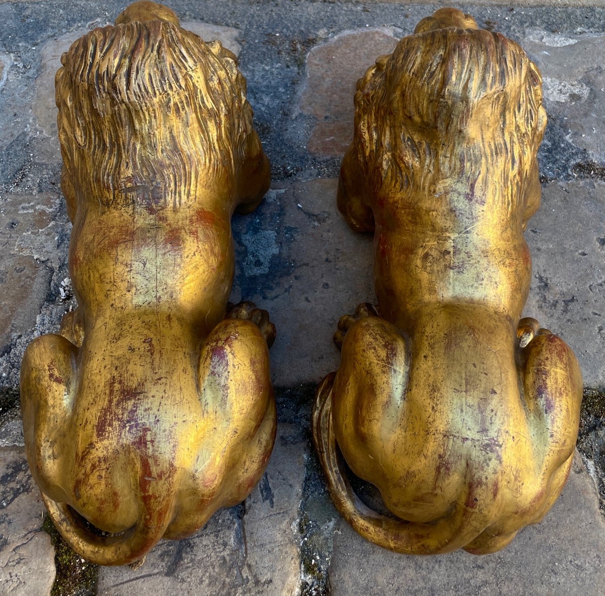 Sculptures. Pair Of Lions In Carved And Gilded Wood-photo-8