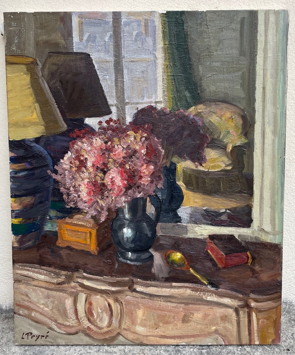 Painting. Louis Peyré. Oil On Canvas. The Pink Bouquet-photo-5