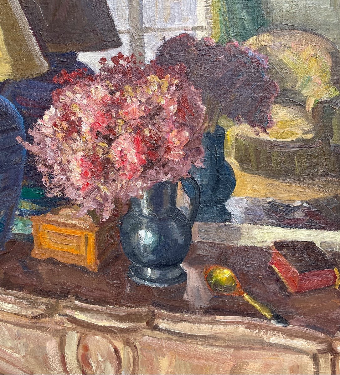 Painting. Louis Peyré. Oil On Canvas. The Pink Bouquet-photo-6