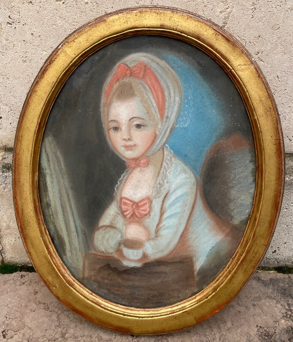 Tableau. Pastel. Portrait de fillette d'époque Louis XVI-photo-3