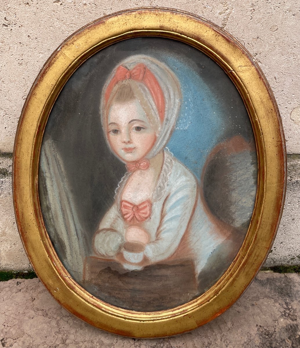 Tableau. Pastel. Portrait de fillette d'époque Louis XVI