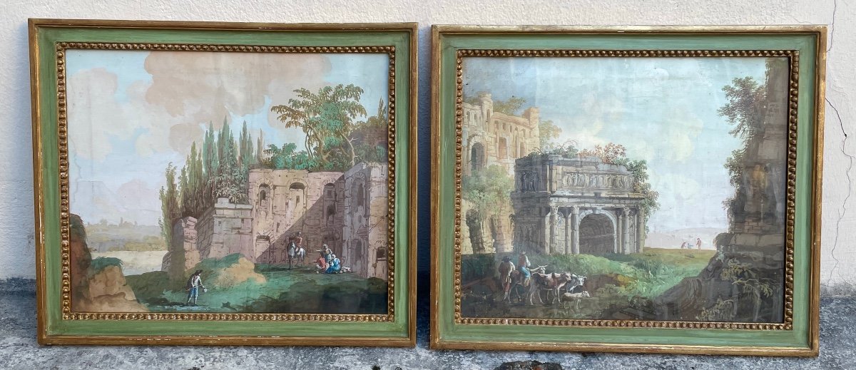 Paintings. Pair Of Gouaches On Canvas. 18th Century Period.-photo-5