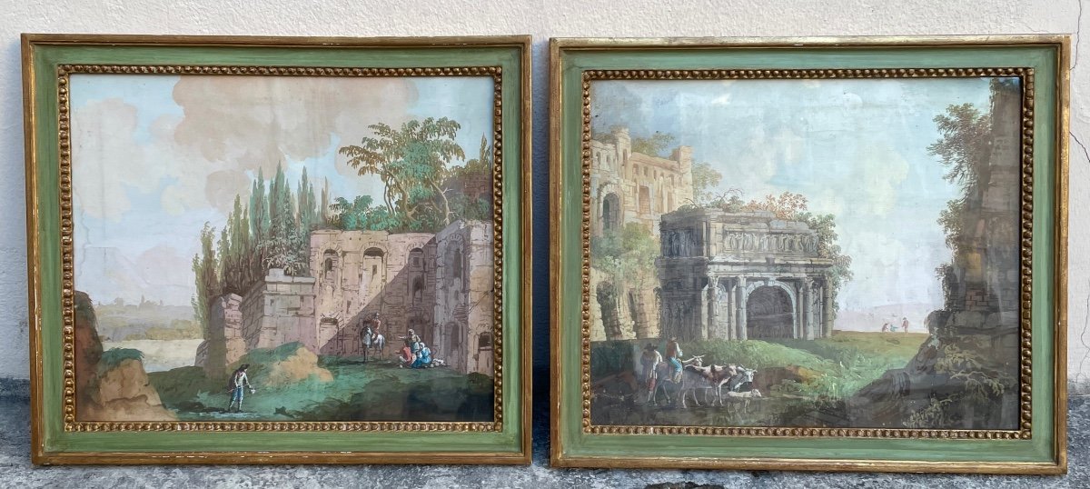 Paintings. Pair Of Gouaches On Canvas. 18th Century Period.