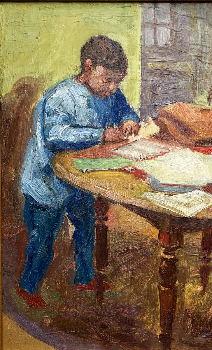 Louis Peyré . Huile Sur Bois . Les Devoirs Du Soir-photo-2